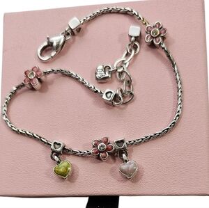 Brighton Pink Flower & Heart Charm Anklet Silver Tone Enamel Adjustable EUC
